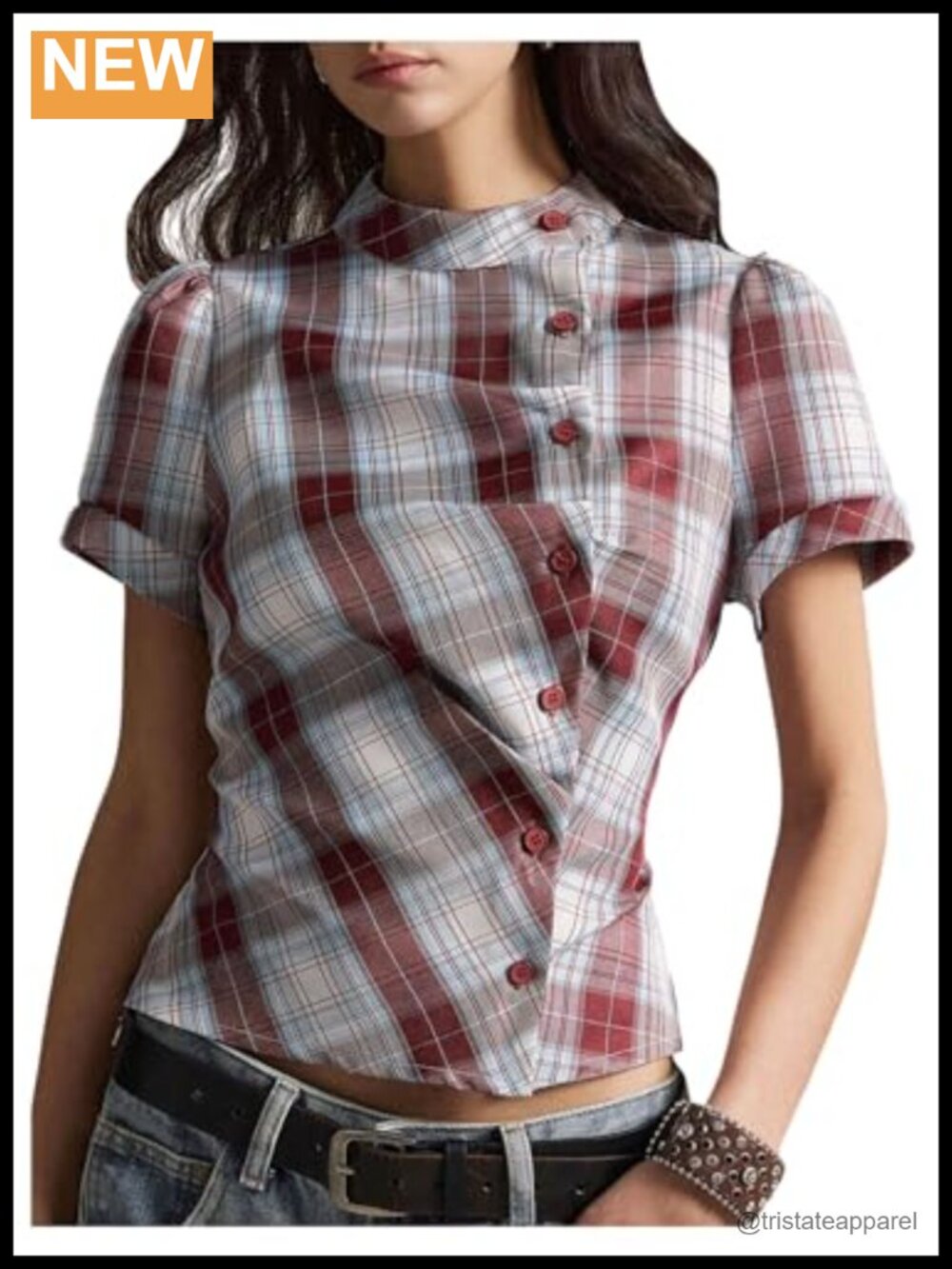 Womens Plaid Gingham Button Down Blouse Puff Short Sleeve Mock Neck